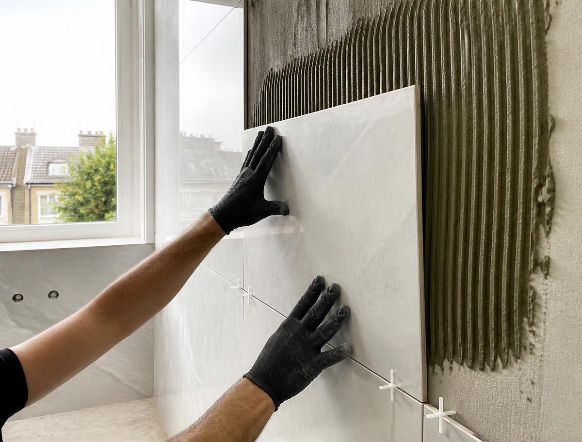 Tiler setting large-format porcelain wall tiles in a London bathroom