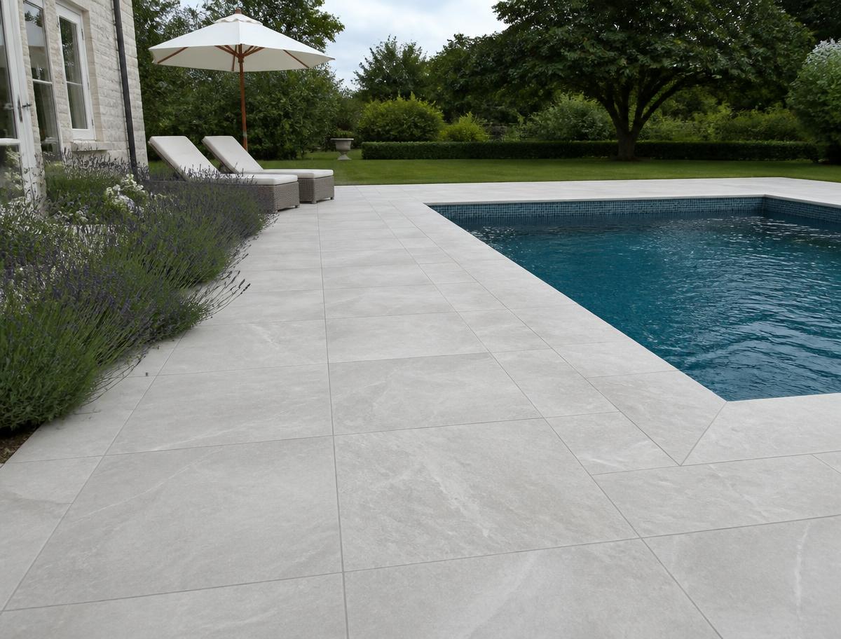 Porcelain patio tiling around a swimming pool in an English garden