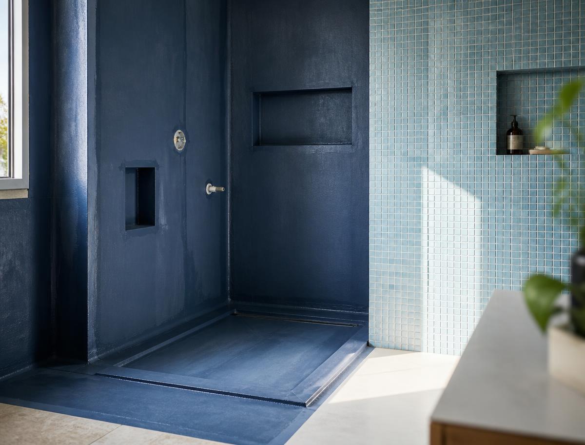 Wet room with blue tanking waterproofing membrane and sky-blue mosaic tiled wall